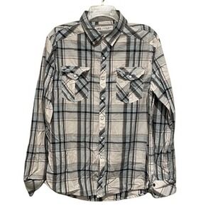 BKE Mens Buckle Fit Pearl Snap Western Plaid Shirt Blue Black White Large